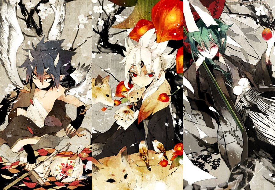 Three anime characters with animals
