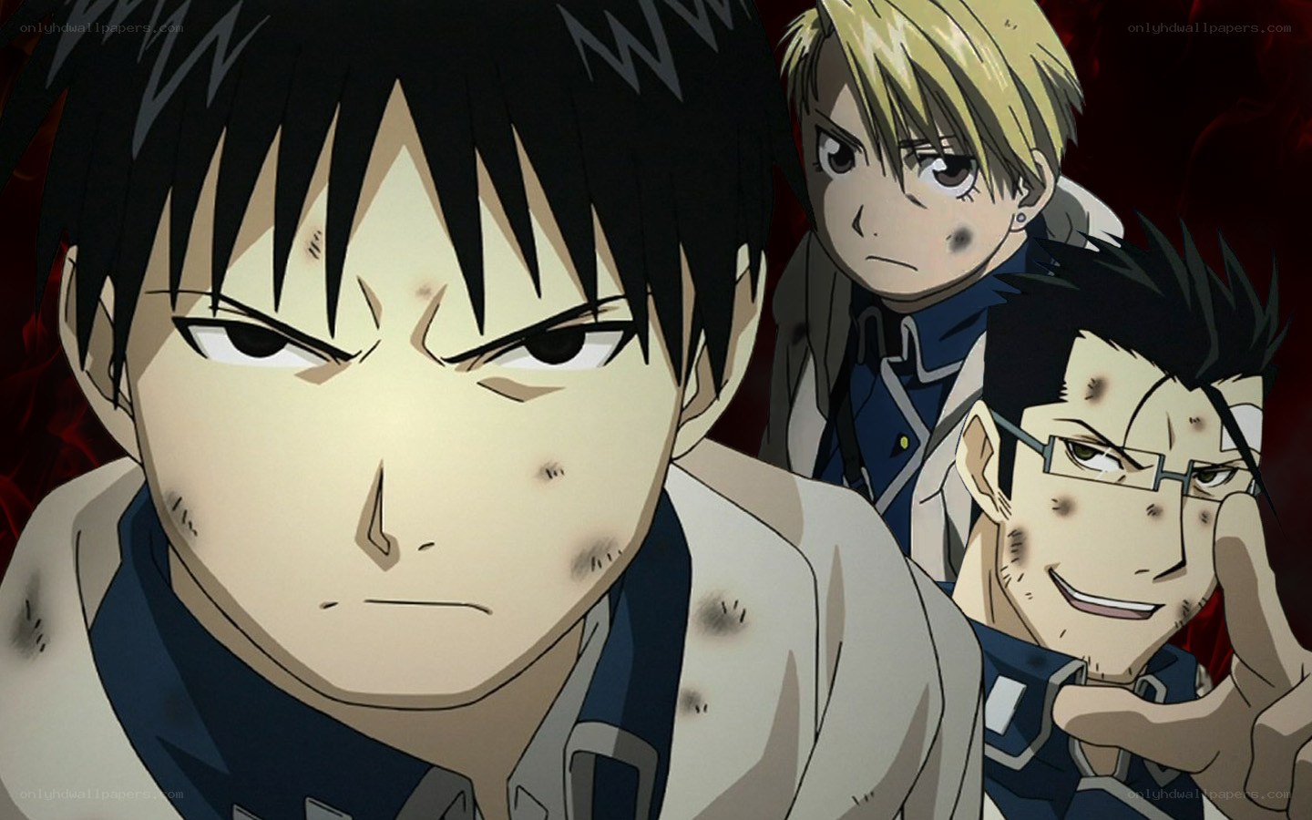 Three anime characters with battle scars