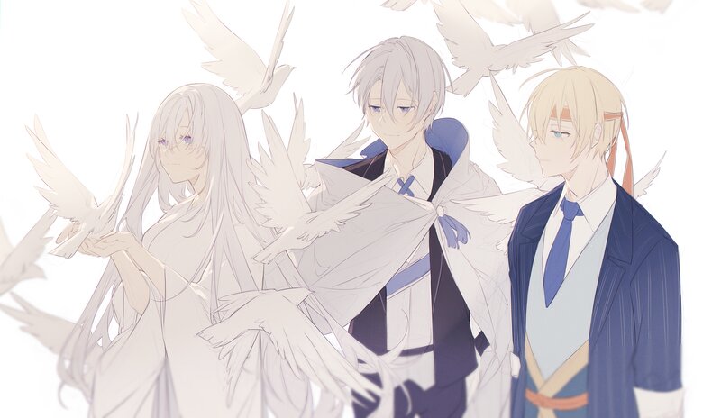 Three Anime Characters with Birds
