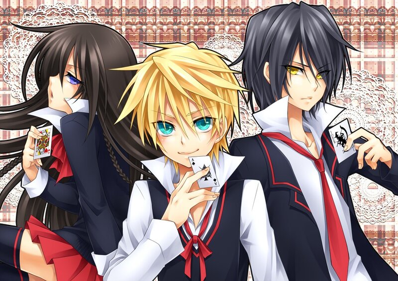 Three anime characters with cards
