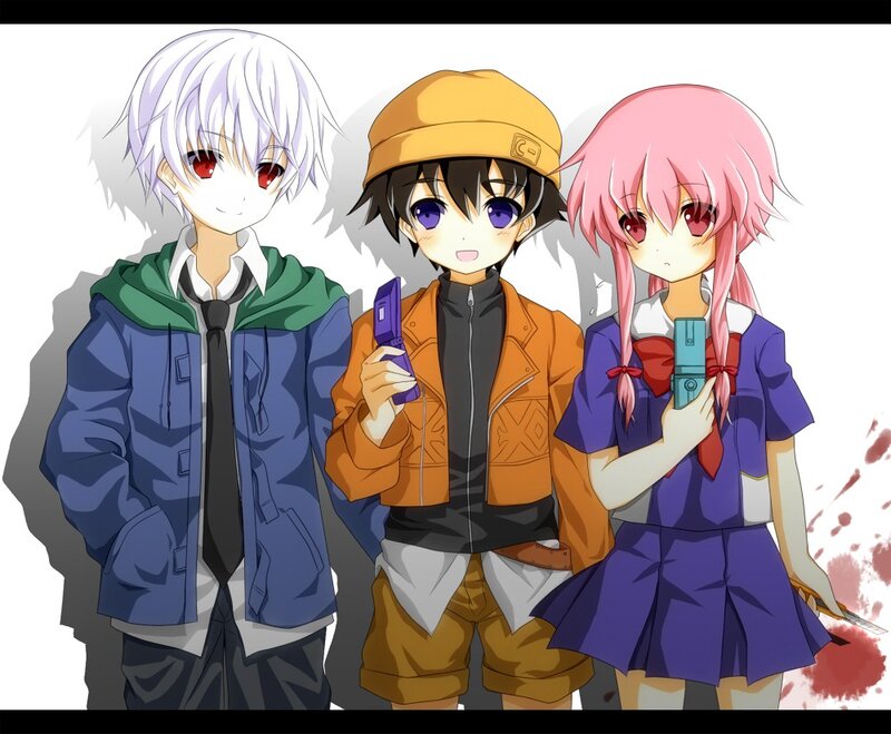 Three anime characters with devices
