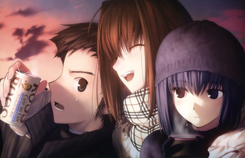 Three anime characters with drinks