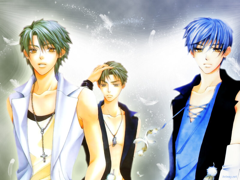 Three anime characters with feathers