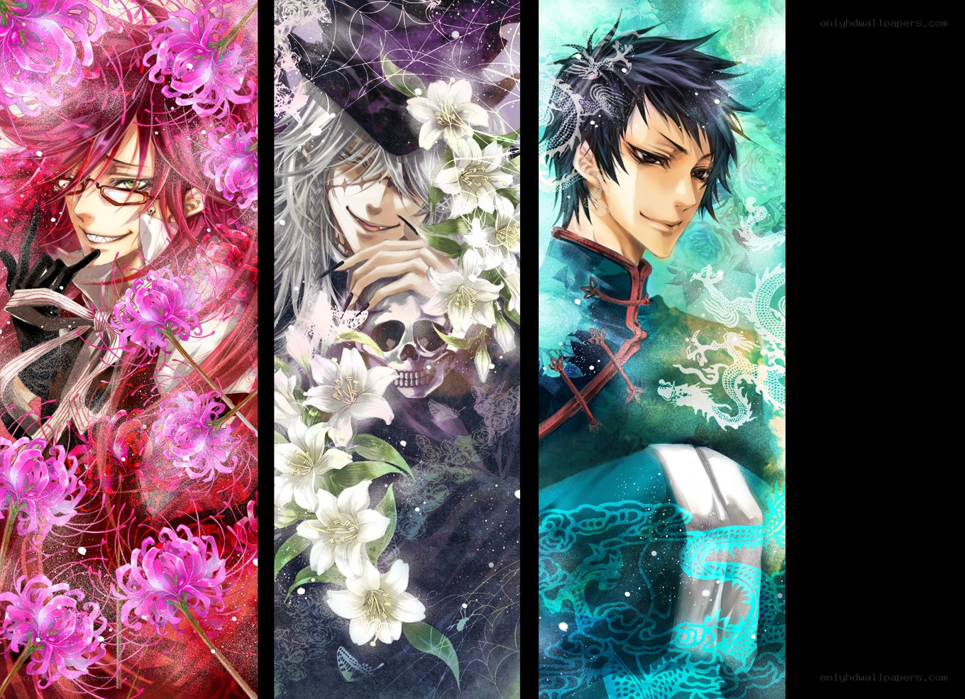 Three anime characters with flowers