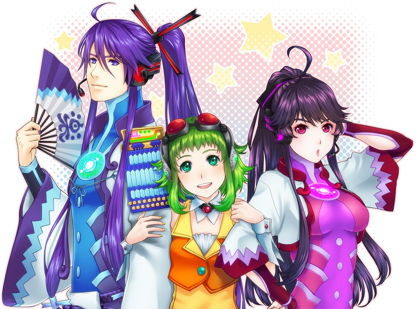 Three anime characters with headphones