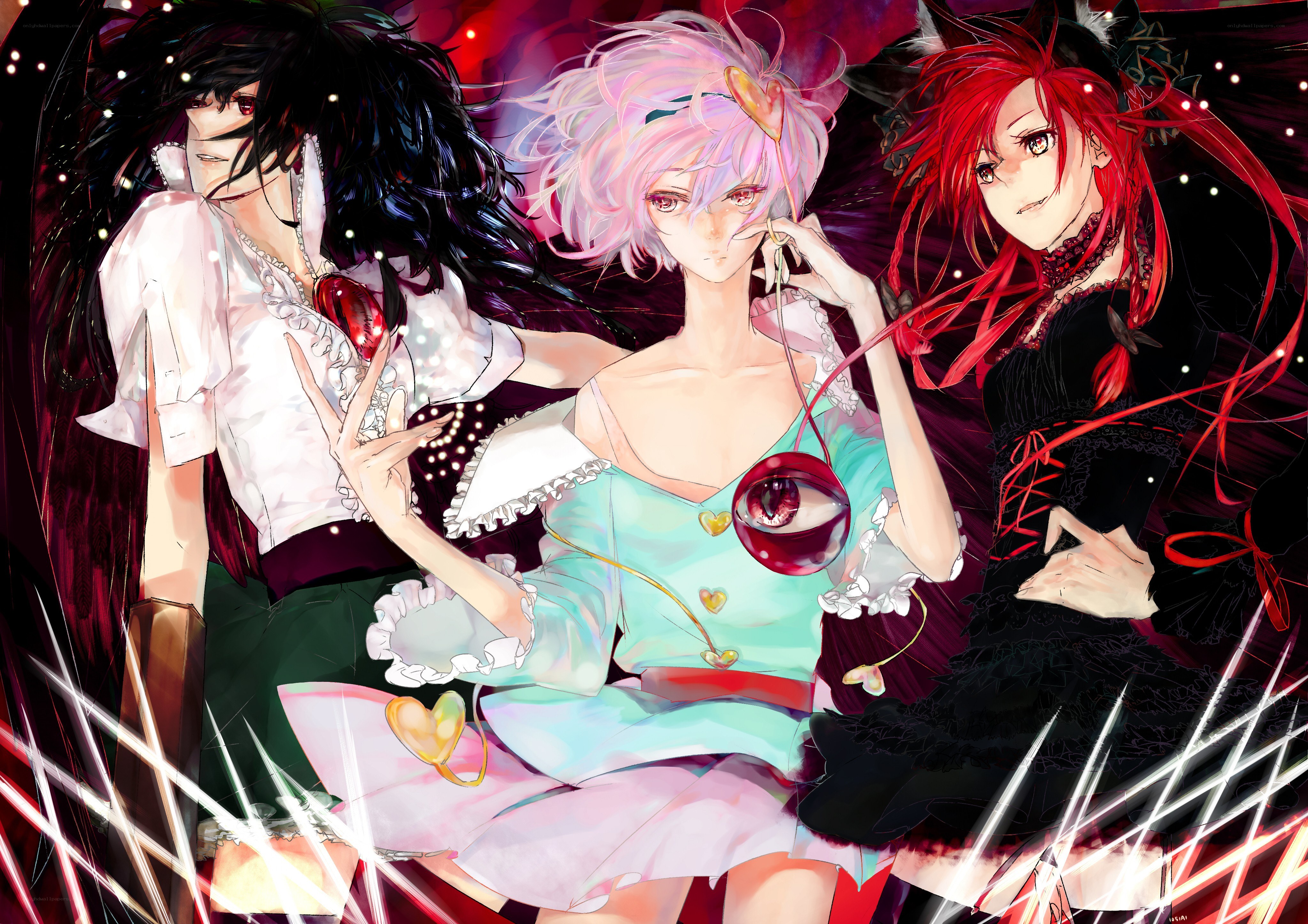 Three anime characters with hearts