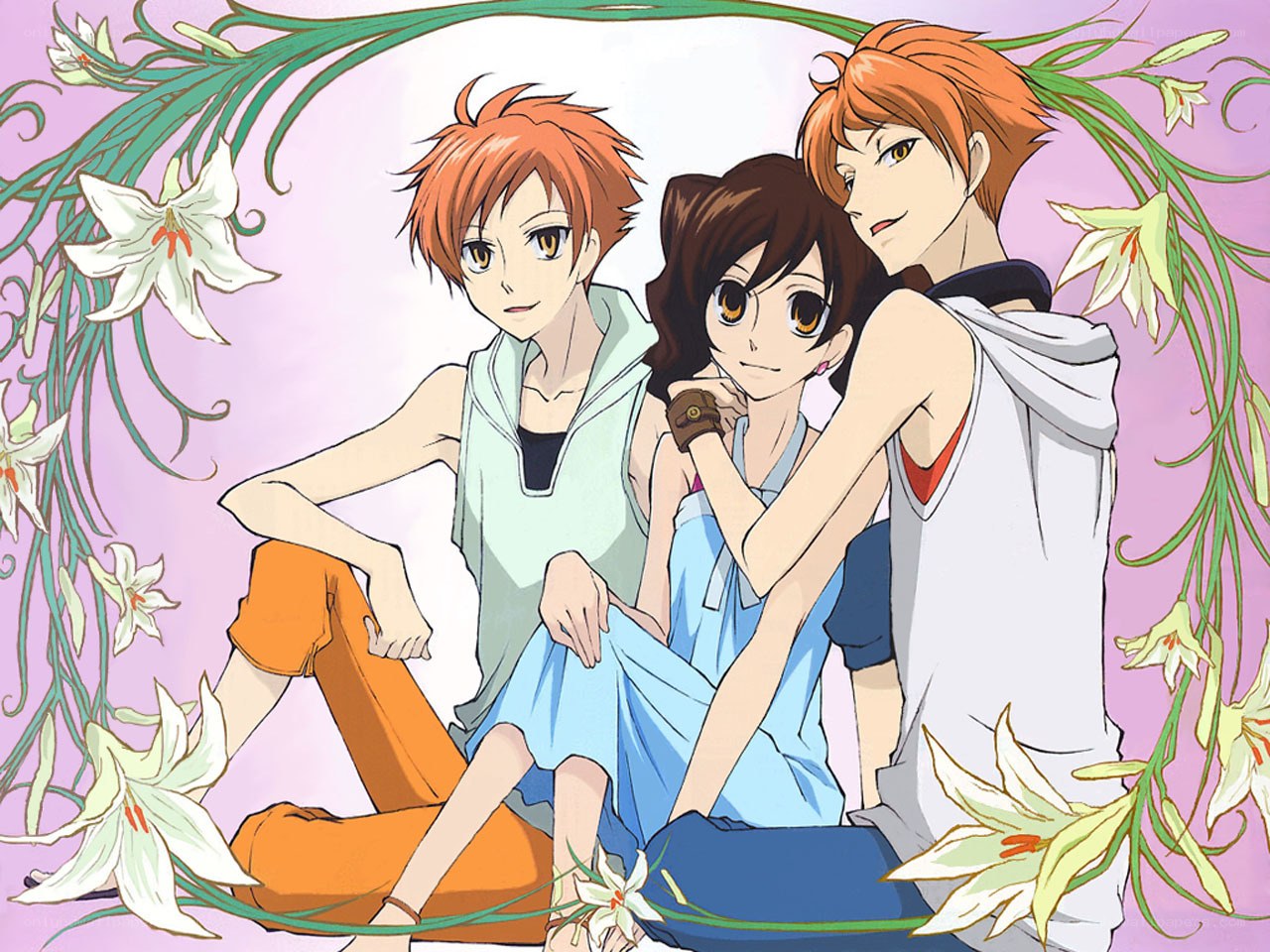 three anime characters with lilies