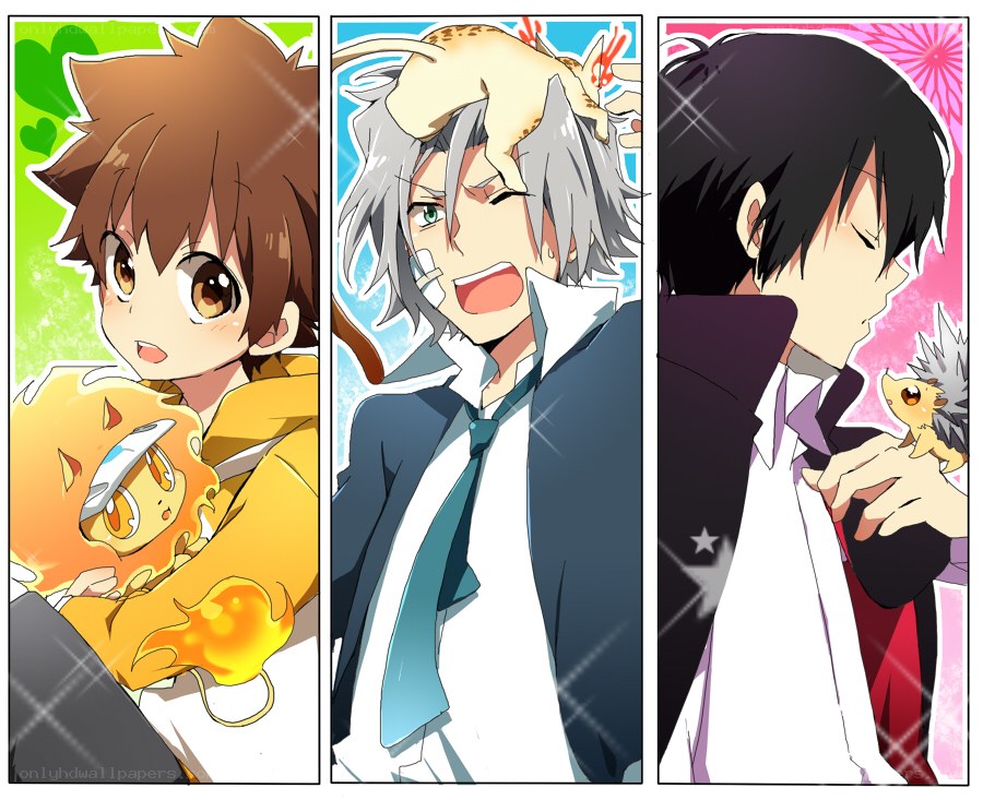 three anime characters with pets