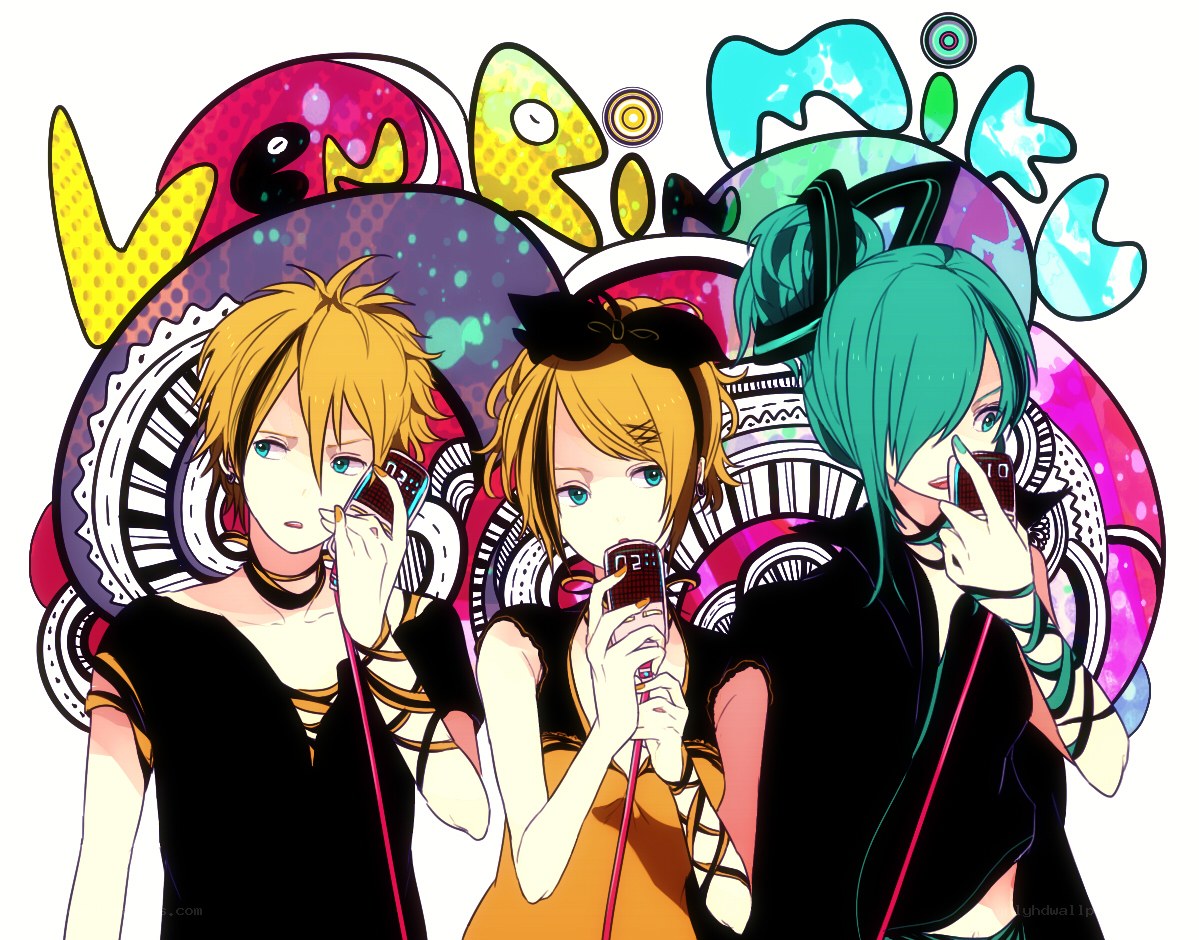 Three anime characters with phones