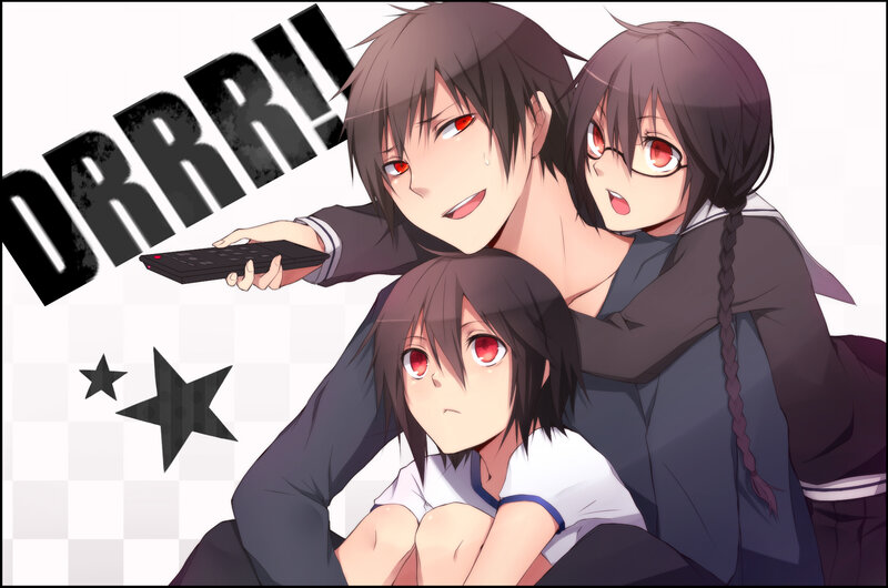 three anime characters with red eyes