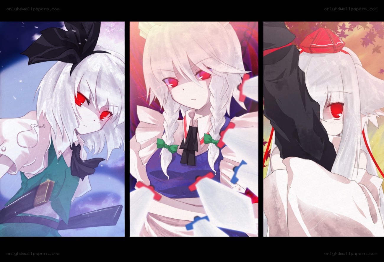 Three anime characters with red eyes