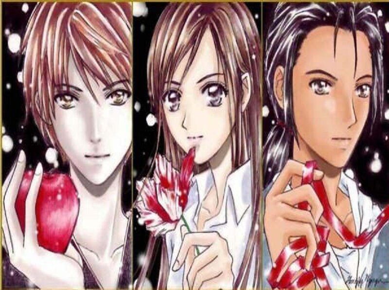 Three anime characters with red objects