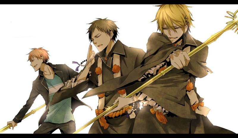 Three anime characters with staffs