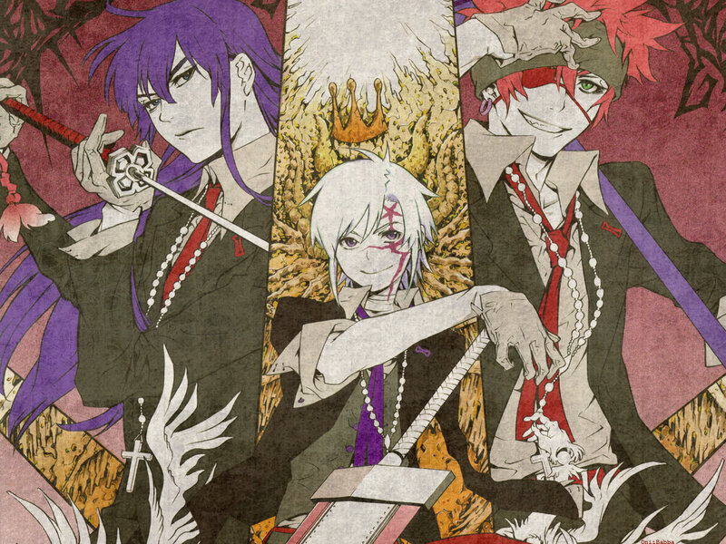 Three anime characters with swords