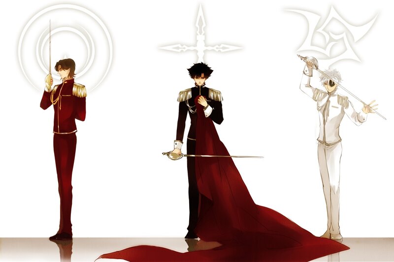 Three anime characters with swords