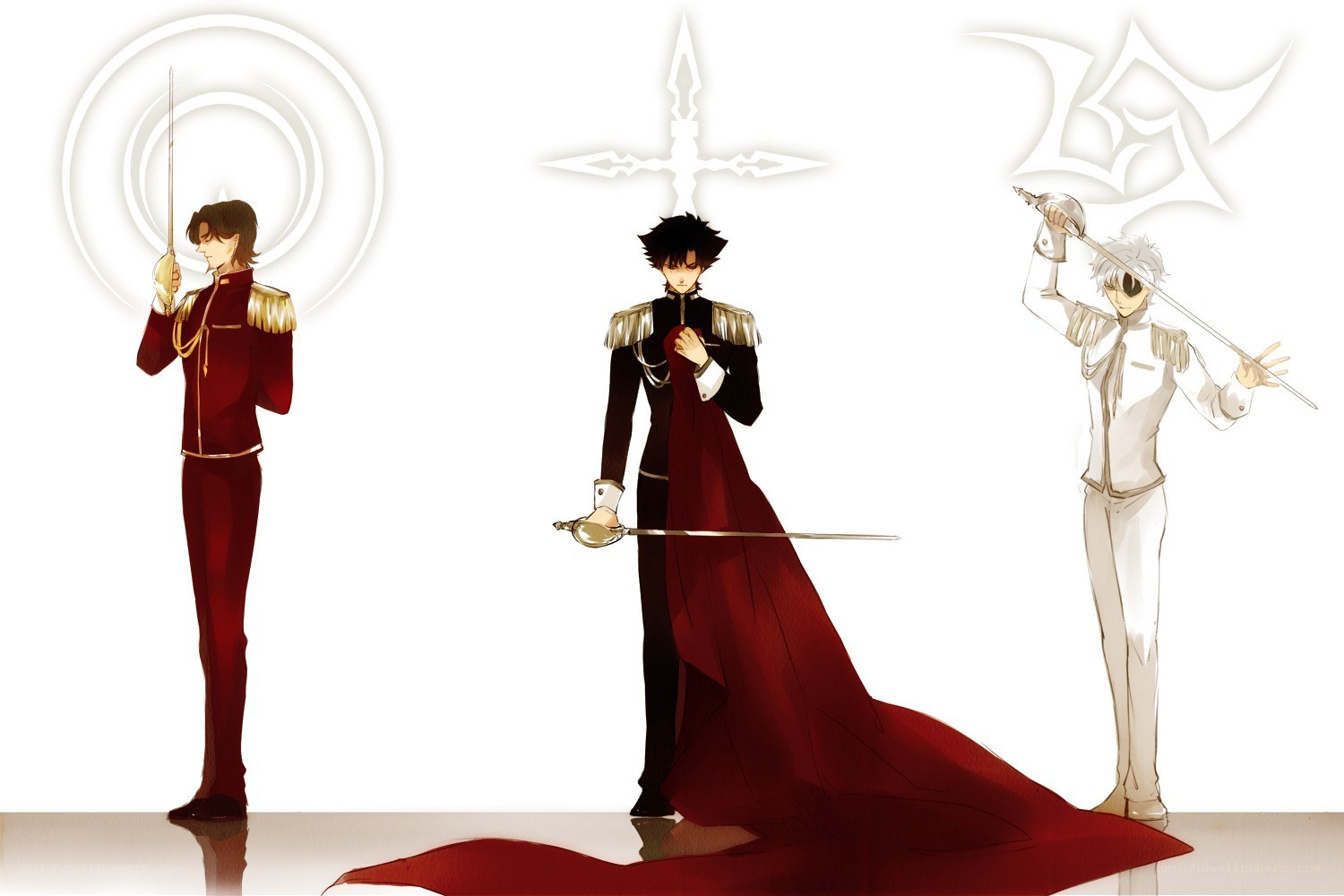 Three anime characters with swords