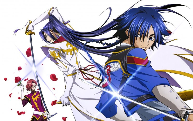 Three Anime Characters with Swords — Blue, Dramatic, Rose Petals