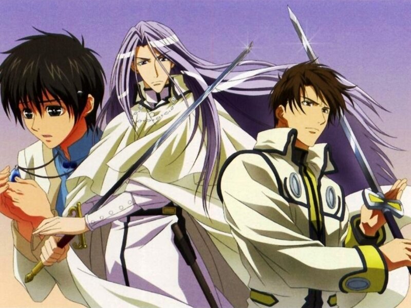 Three anime characters with swords