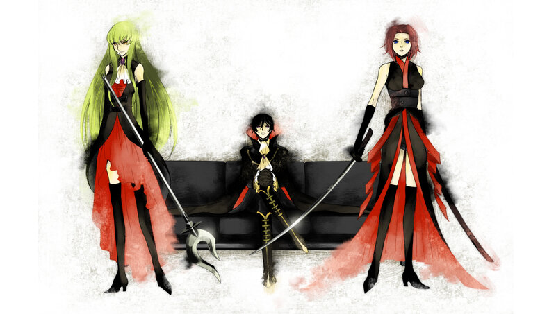 Three anime characters with weapons