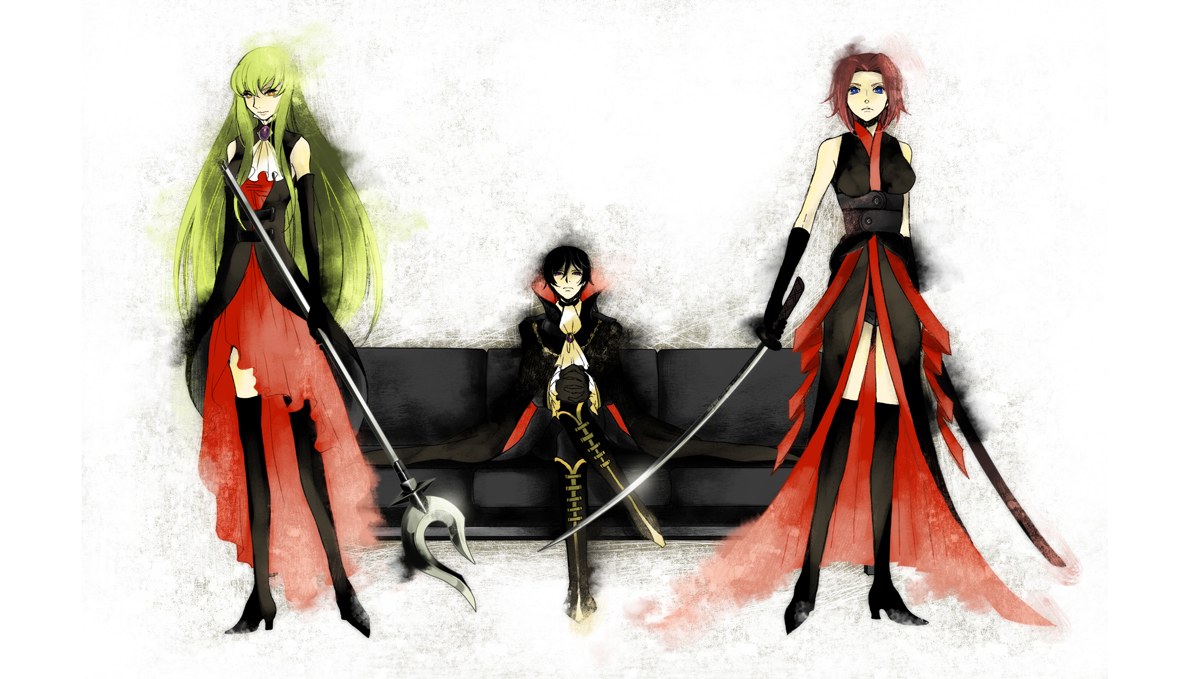 Three anime characters with weapons