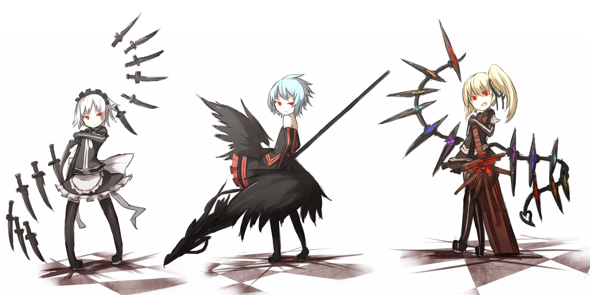 Three anime characters with weapons