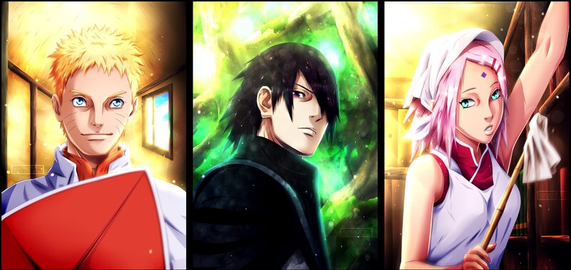 Three Anime Characters — Yellow, Dramatic, Digital Art, Character Portrait
