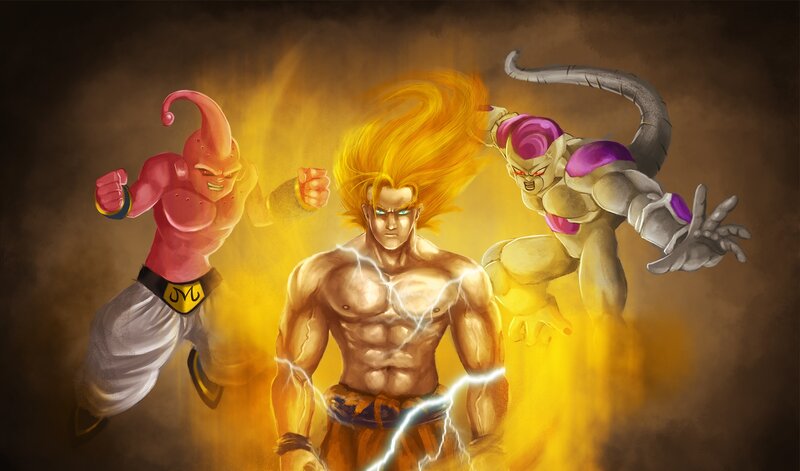 Three Anime Characters — Yellow, Dramatic, Digital Art, Lightning