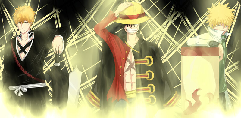 Three Anime Characters — Yellow, Dramatic, Digital Art, Swords