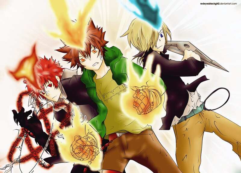 Three Anime Characters — Yellow, Dramatic, Flames