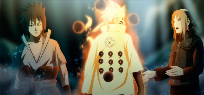Three Anime Characters — Yellow, Dramatic, Glowing Figure