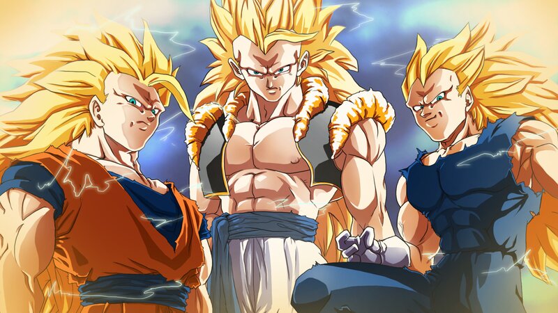 Three Anime Characters — Yellow, Dramatic, Spiky Hair, Energy Aura