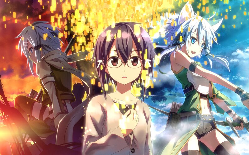 Three Anime Characters — Yellow, Dramatic, Sunset, Cat Ears, Glasses