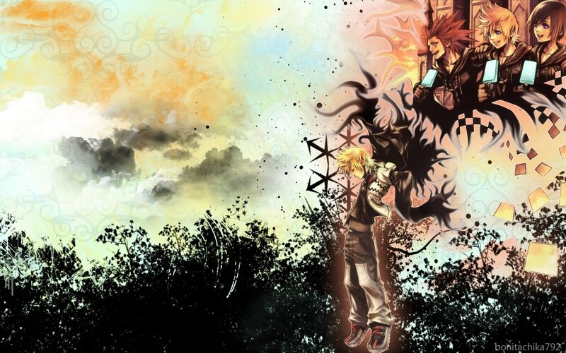 Three Anime Characters — Yellow, Dramatic, Sunset, Clouds