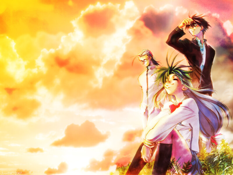 Three Anime Characters — Yellow, Dramatic, Sunset, Sky, Clouds