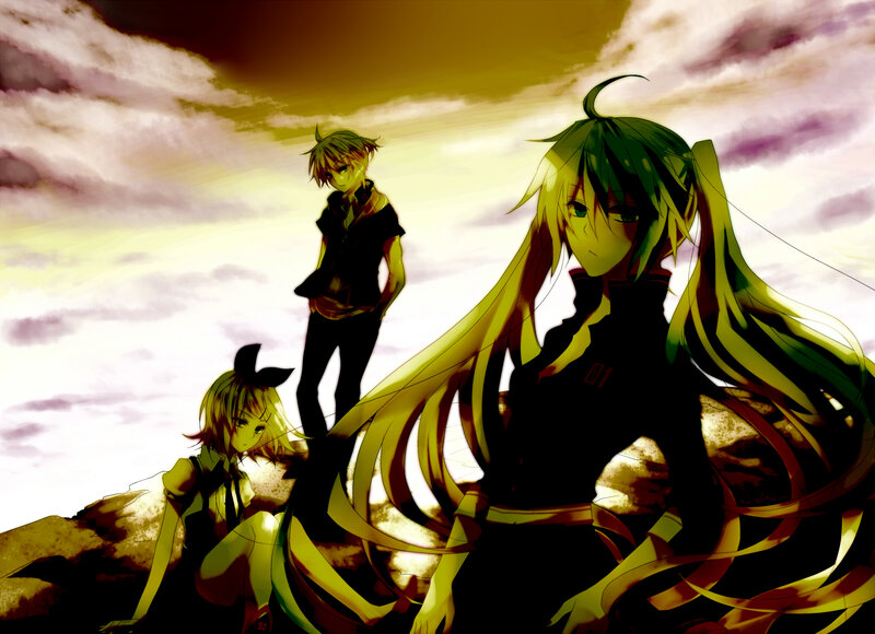 Three Anime Characters — Yellow, Dramatic, Sunset, Sky