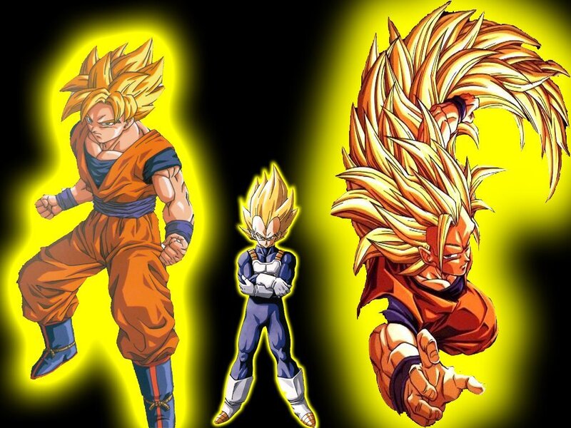Three Anime Characters — Yellow, Dramatic, Super Saiyan, Energy Aura, Fighting Stance