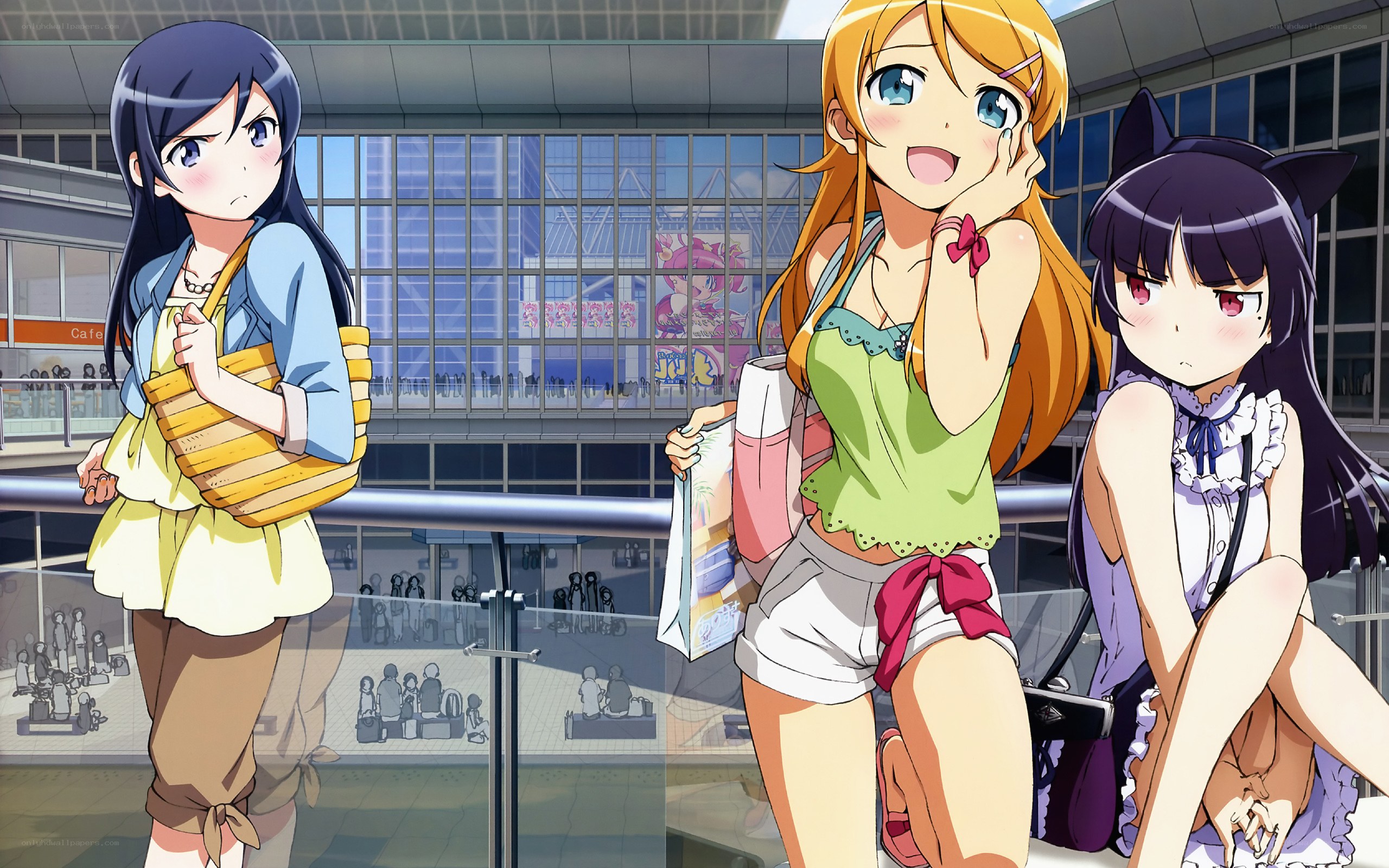 Three anime girls at a mall