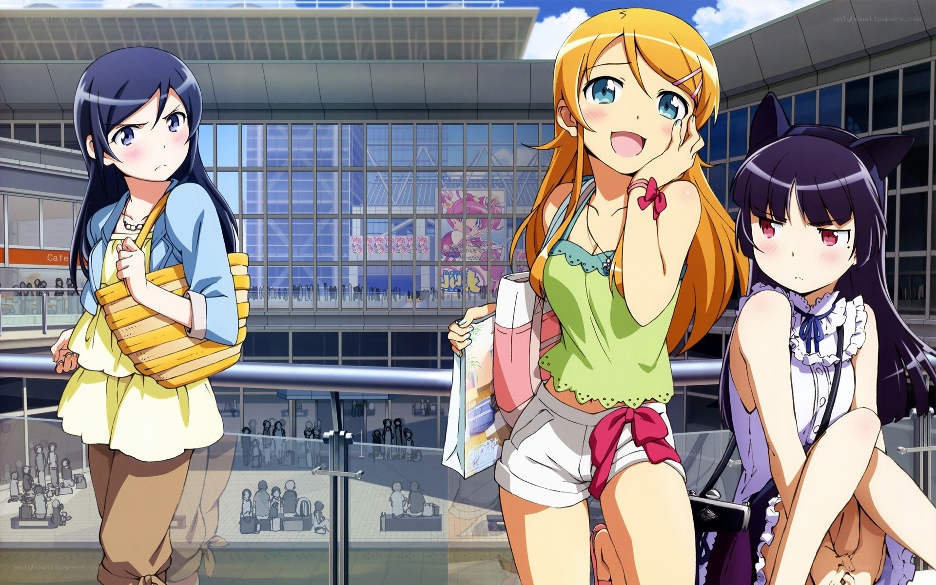 Three anime girls at a station