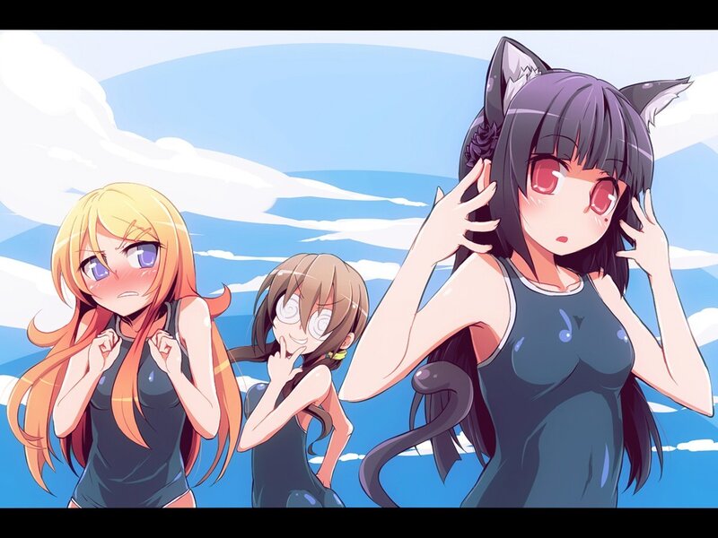 Three Anime Girls at Beach — Blue, Playful, Afternoon, Cat Ears