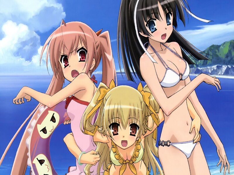 Three Anime Girls at Beach — Blue