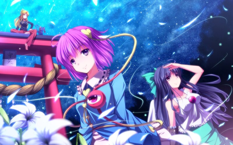 Three Anime Girls at Night — Blue, Serene