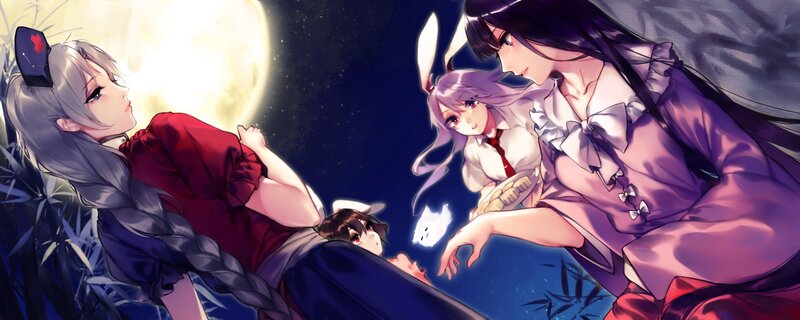 Three Anime Girls at Night — Purple, Serene, Digital Art