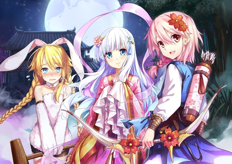 Three Anime Girls at Night — Purple, Serene