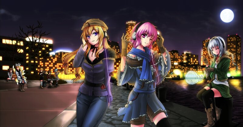 Three Anime Girls at Night — Purple
