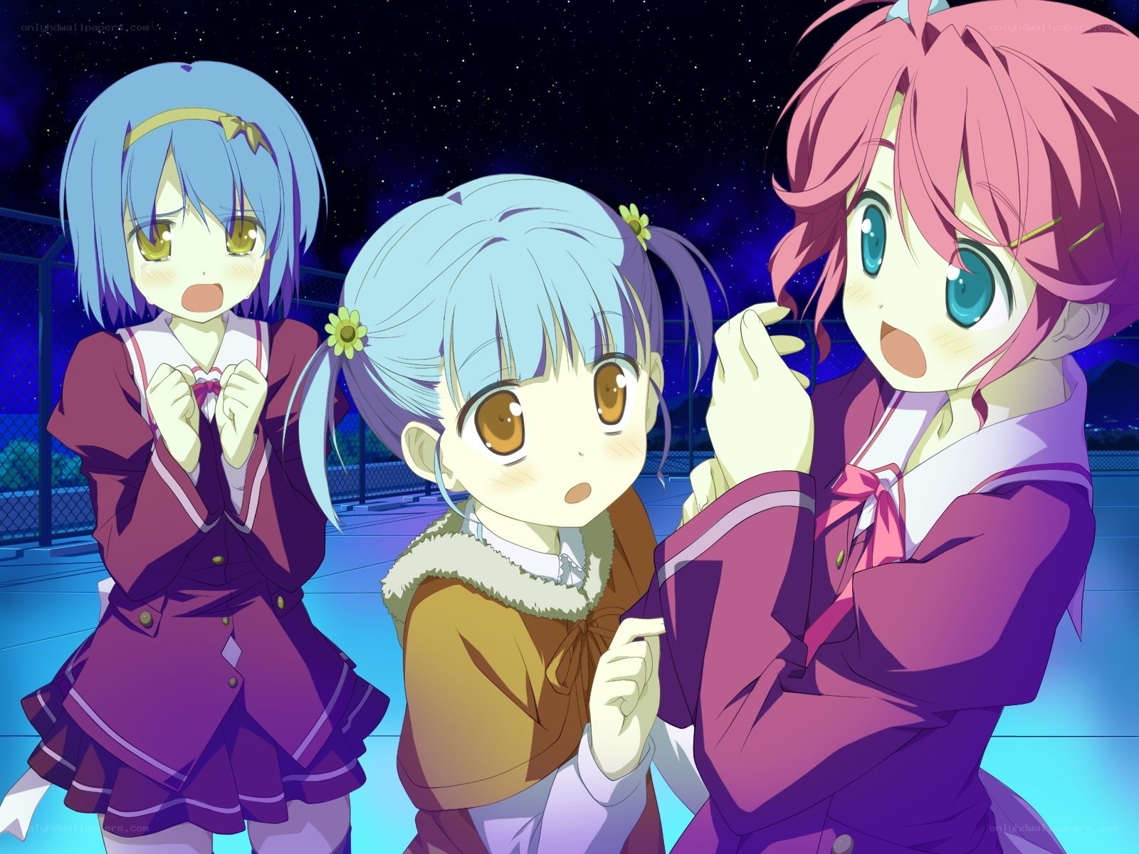 Three anime girls at night