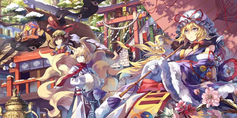 Three Anime Girls at Shrine