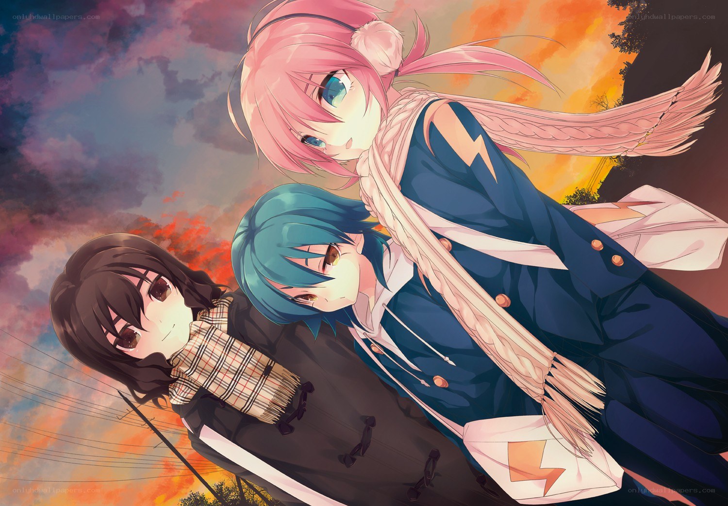 three anime girls at sunset