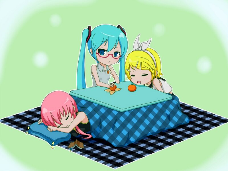 Three Anime Girls at Table — Blue