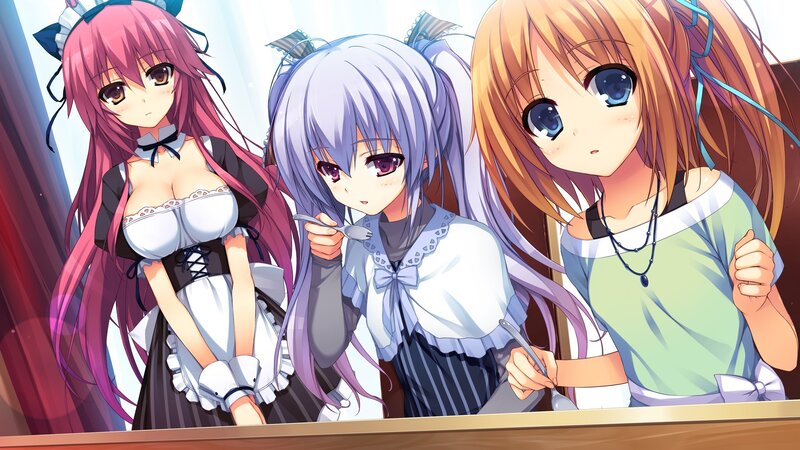 Three Anime Girls at Table — Pink