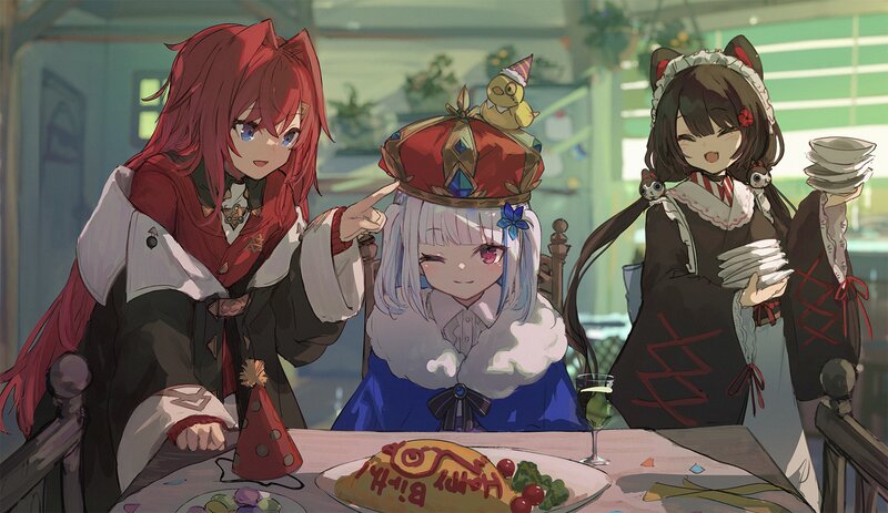 Three Anime Girls at Table — Red